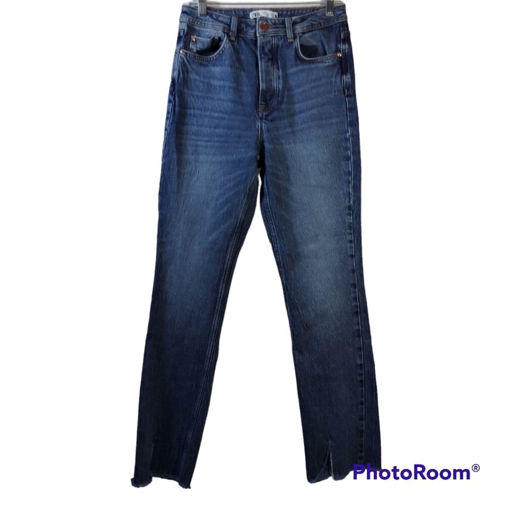 Zara Blue High Rise Button Fly Raw Hem Jeans Size 4
